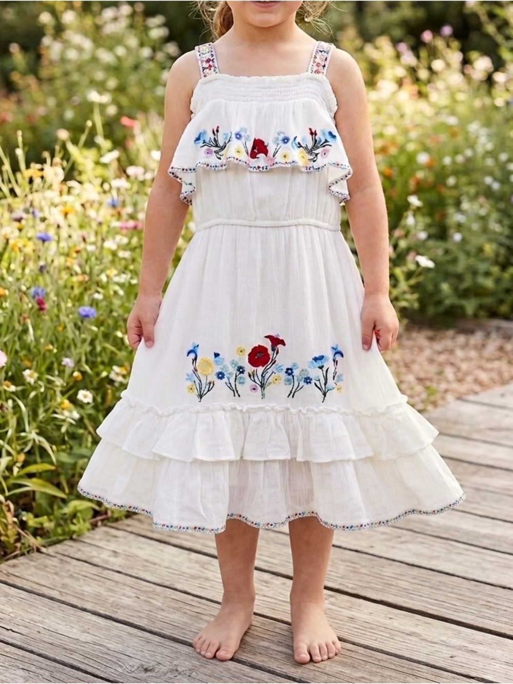 Hanna Banana Girls White Embroidered Boho Dress Size 10 Floral Peasant Summer